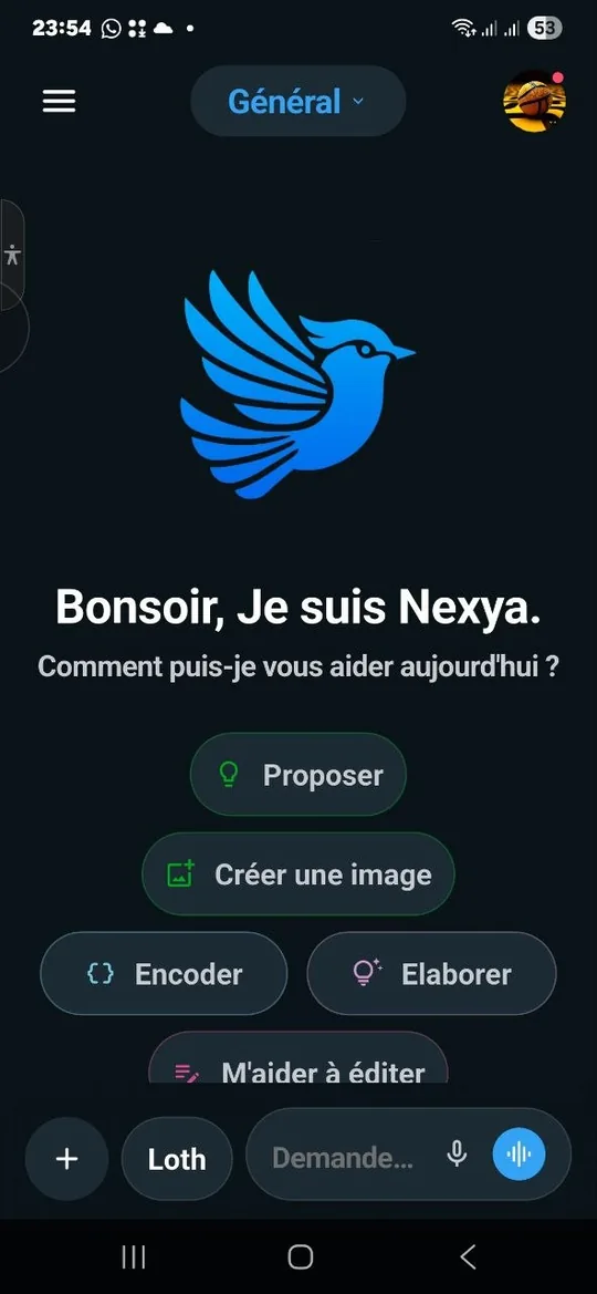Écran d'accueil de l'application NEXYA