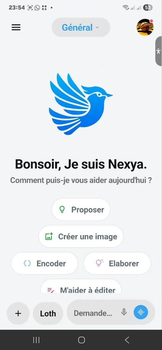Écran d'accueil de l'application NEXYA